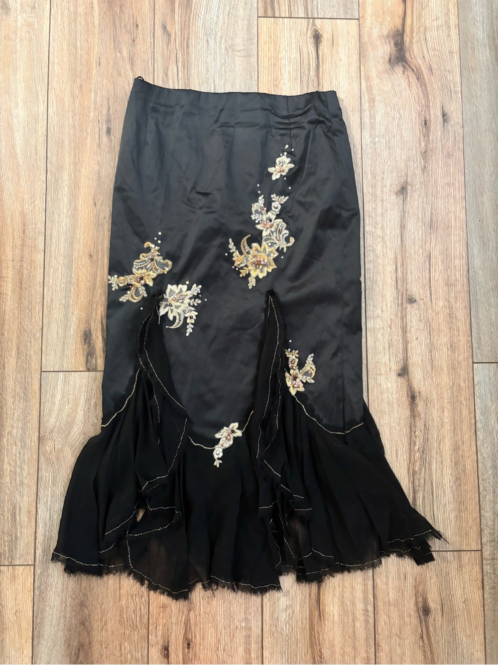 Vintage Y2K Black & Gold Embroidered Beaded Floral Fairy Skirt by Mandalay